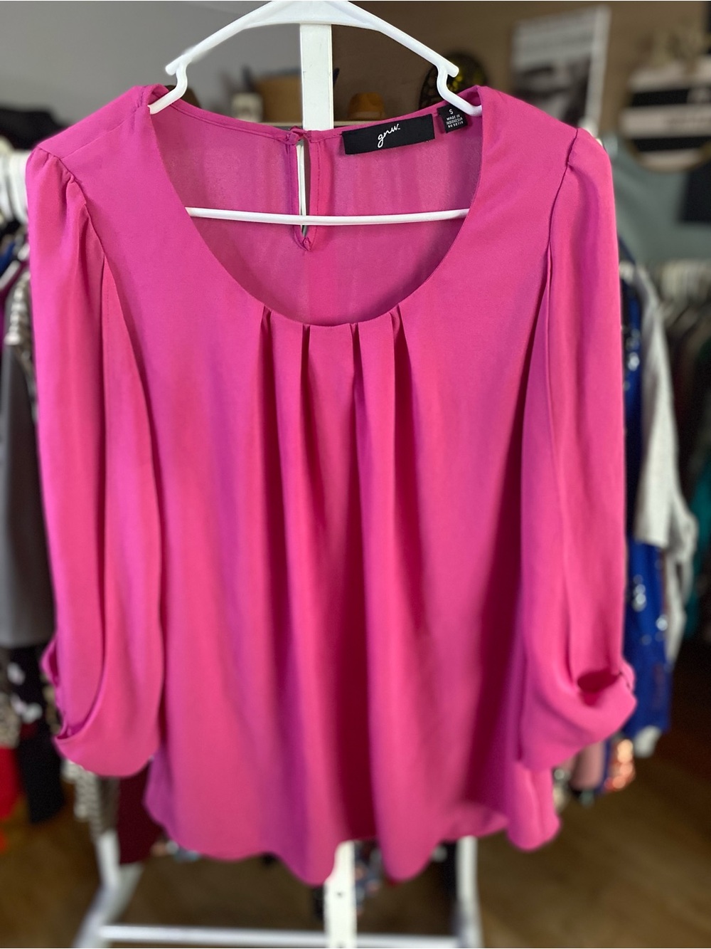 GNW Fuchsia Scoop Neck Pleated Women's Blouse